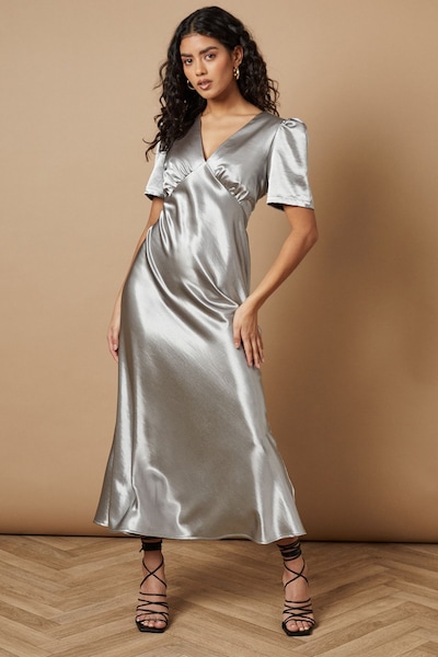 Oasis Petite Metallic Satin Midi Dress Silver