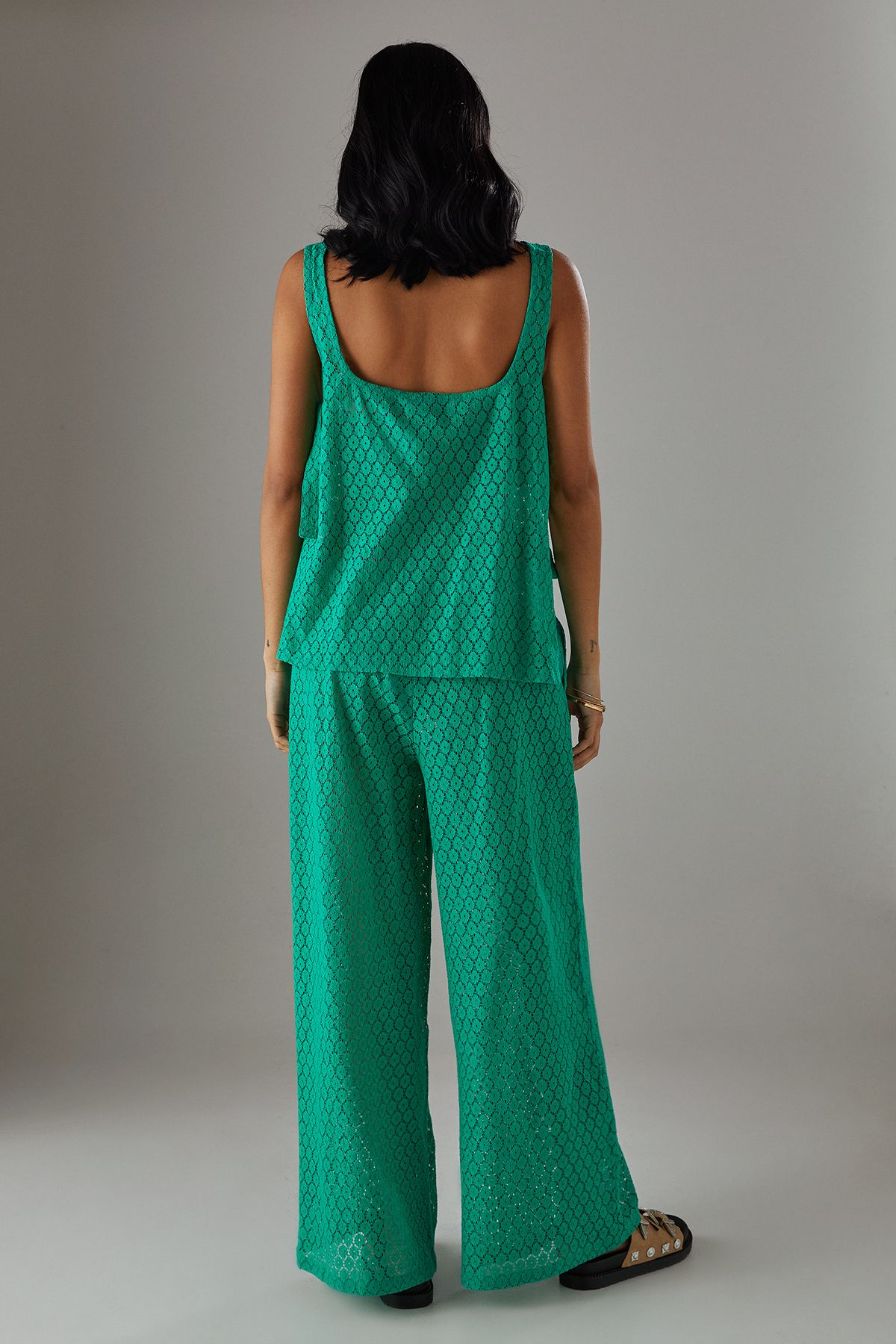 Warehouse Crochet Drawstring Waist Wide Leg Trousers Green image 3