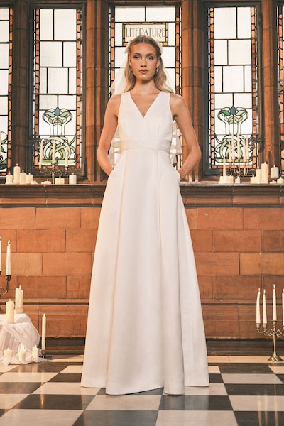 Coast Satin Plunge V Neck Maxi Wedding Dress with Back Bow Detail Ivory