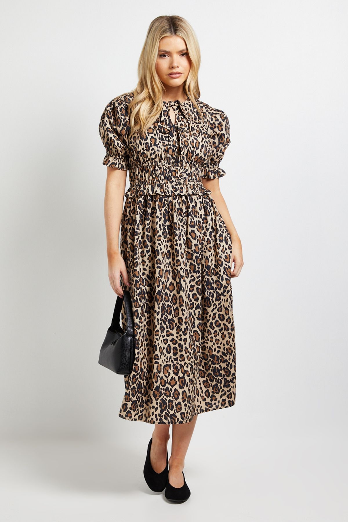 Dorothy Perkins Leopard Tie Front Frill Sleeve Printed Poplin Midi Dress Leopard