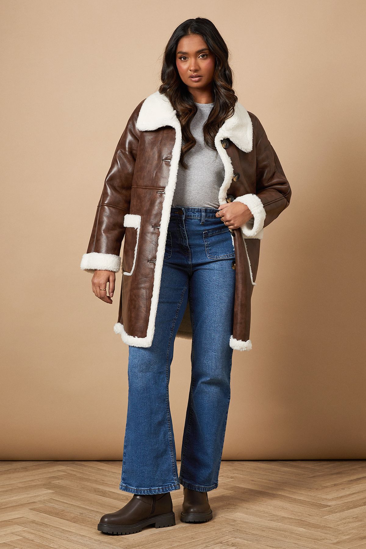 Oasis Pu Bonded Shearling Coat Tan image 5
