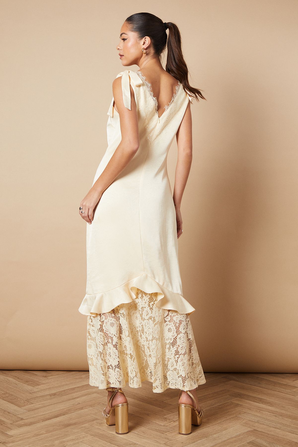 Oasis Satin Lace Tie Shoulder Maxi Dress Butter image 3