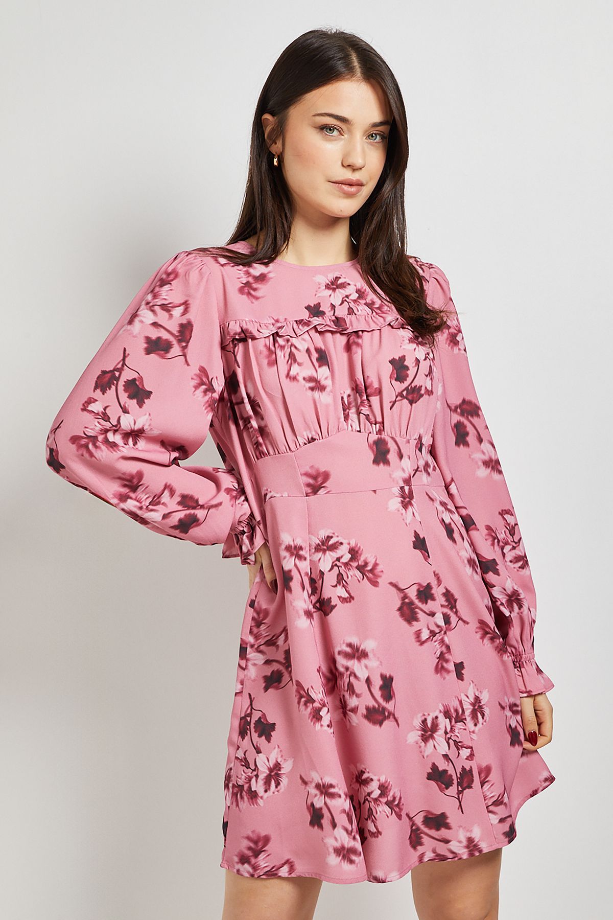 Dorothy Perkins Pink Floral Gathered Bodice Lace Back Long Sleeve Mini Dress Floral