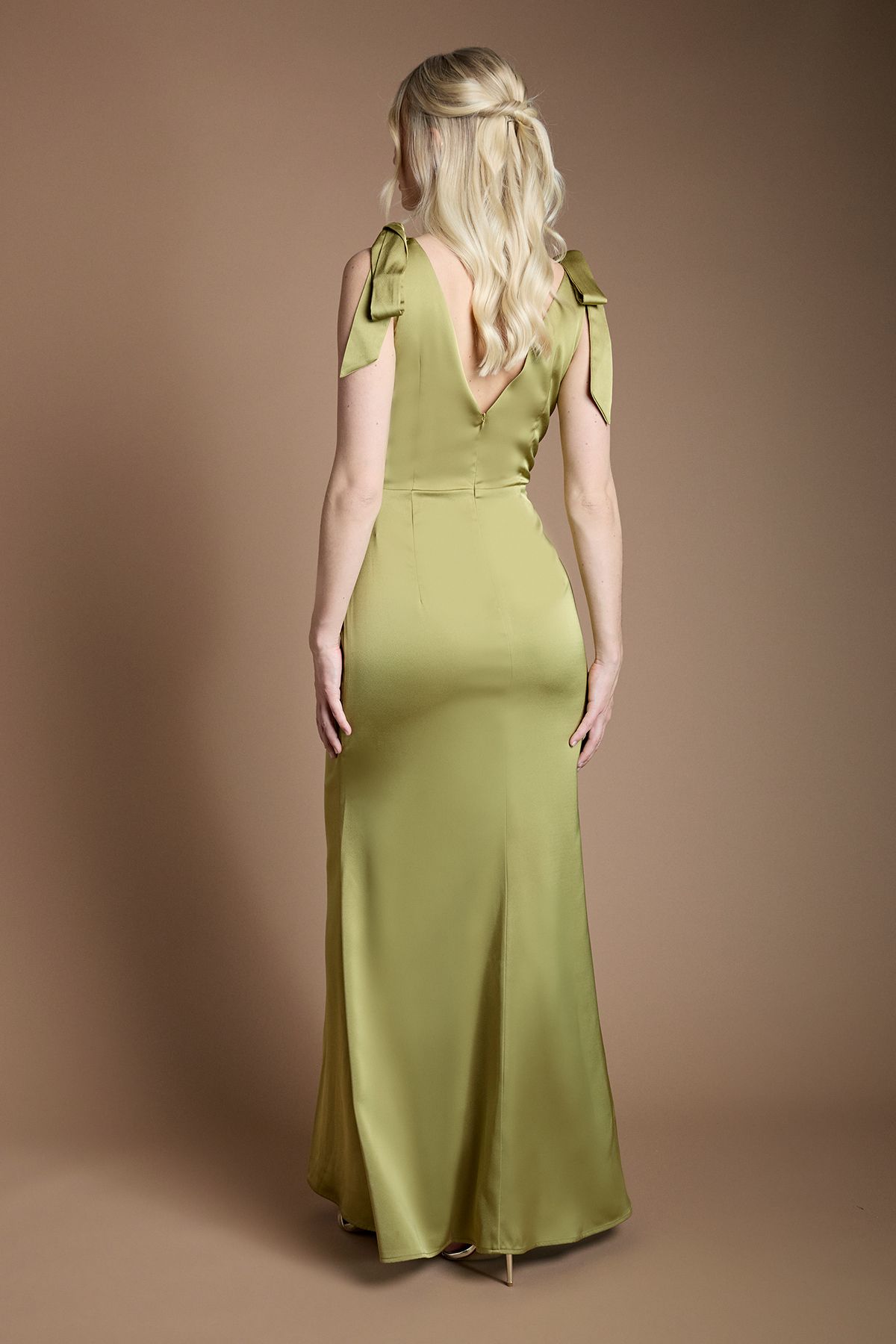 Coast Coast Honoured Satin Back Crepe V Neck Tie Shoulder Maxi Bridesmaid Dress Olive image 3