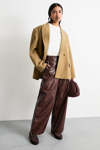 Warehouse Faux Leather Croc Embossed PU Straight Leg Chocolate