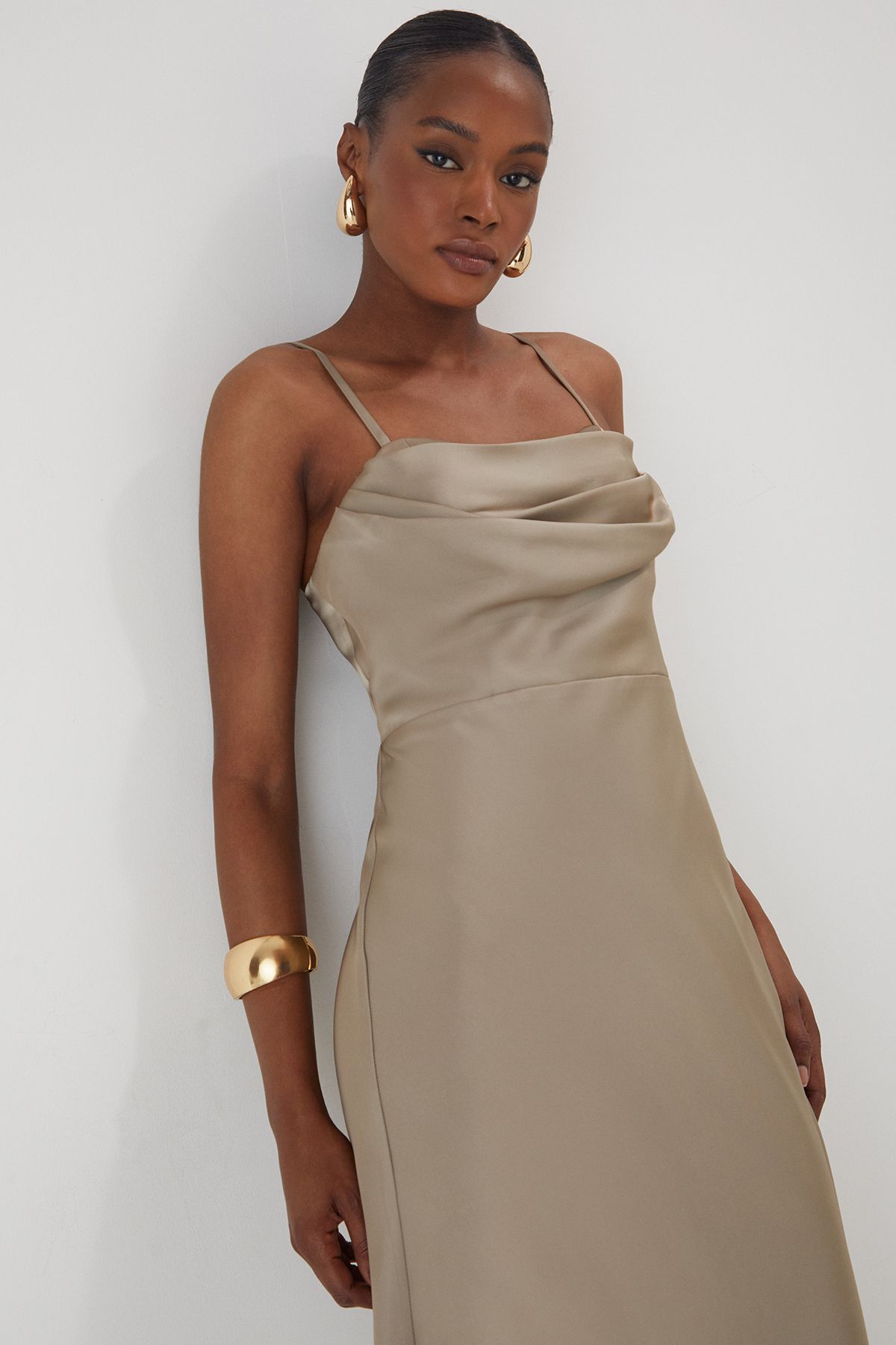 MissPap Satin Cup Drape Bust Maxi Dress Bronze image 4