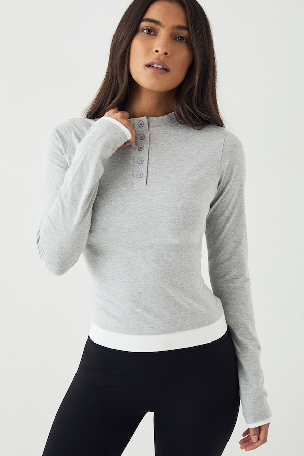 DSGN Studio DSGN Studio Contrast Button Detail Long Sleeve Top Grey Marl
