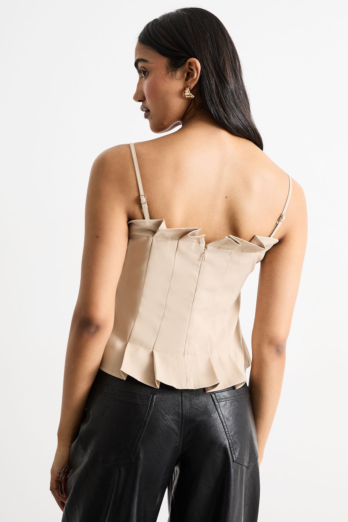Warehouse Pleated Detail Bandeau Fitted Body Top Stone image 3