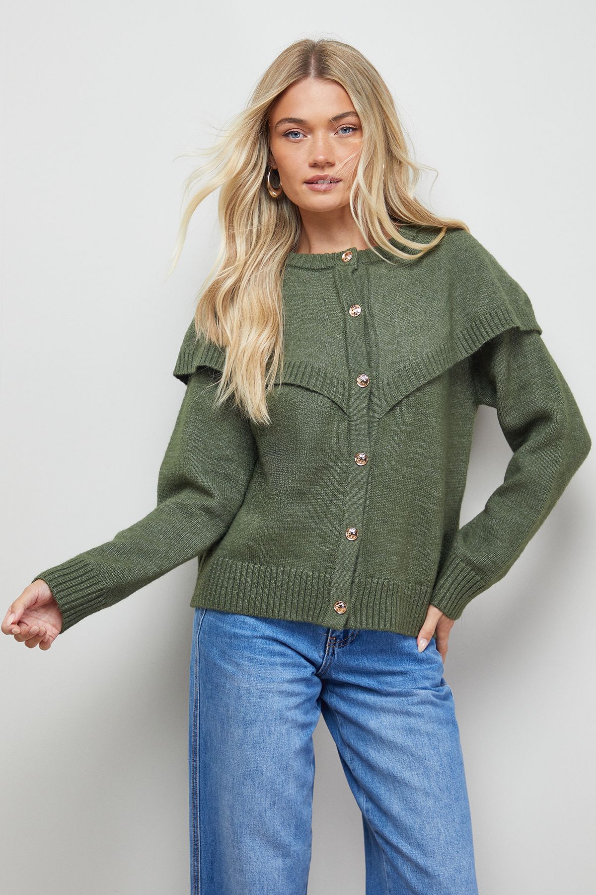 Oasis Cape Detail Button Down Crew Neck Cardigan Khaki image 4
