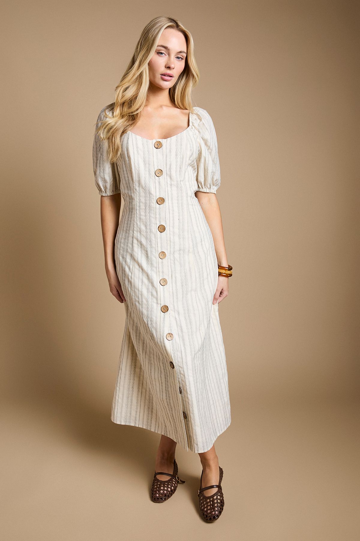 Dorothy Perkins Button Through Stripe Midi Dress Cream