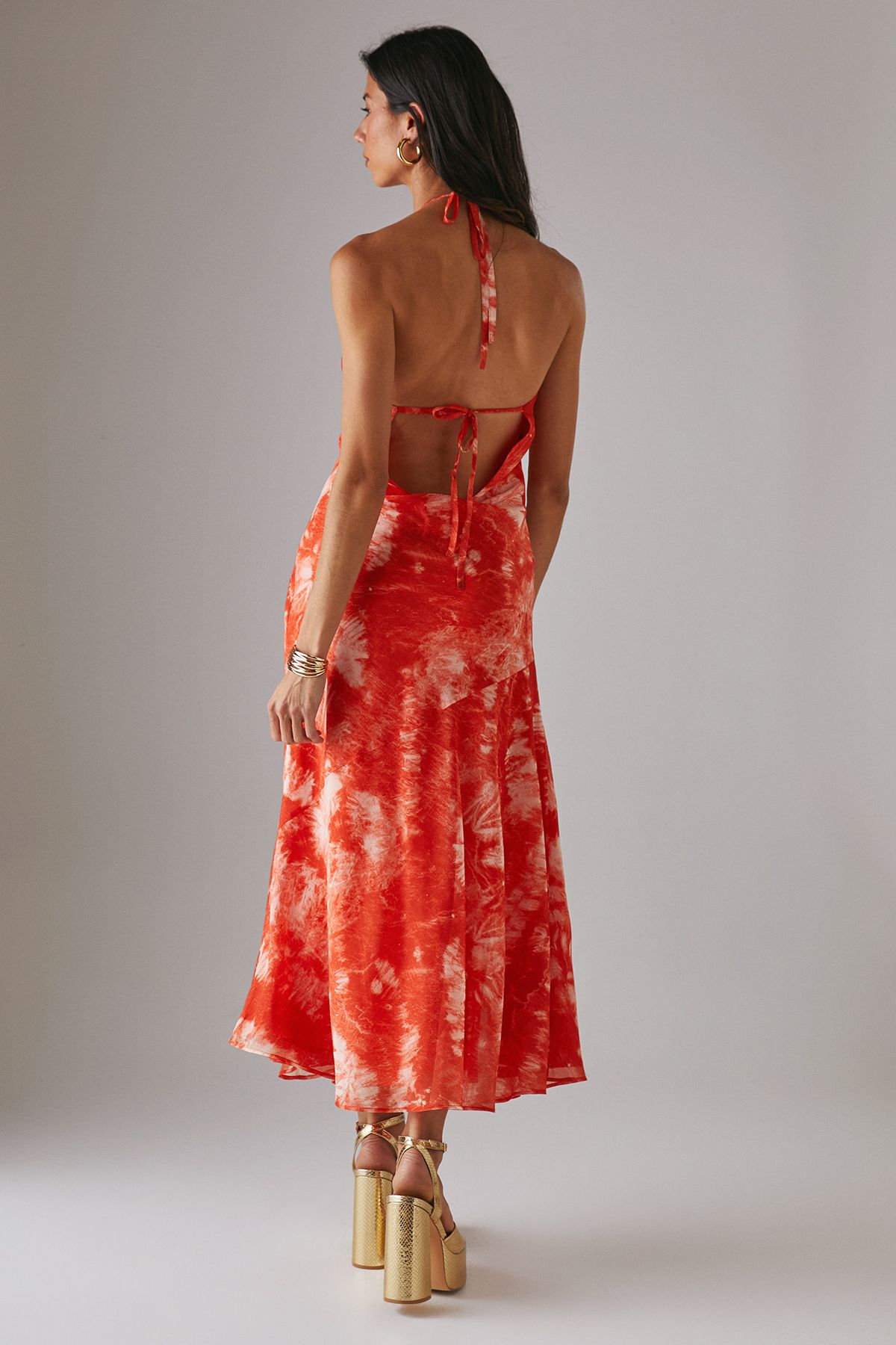 Warehouse Tie Dye Chiffon Bias Low Back Halter Midi Dress Orange image 3