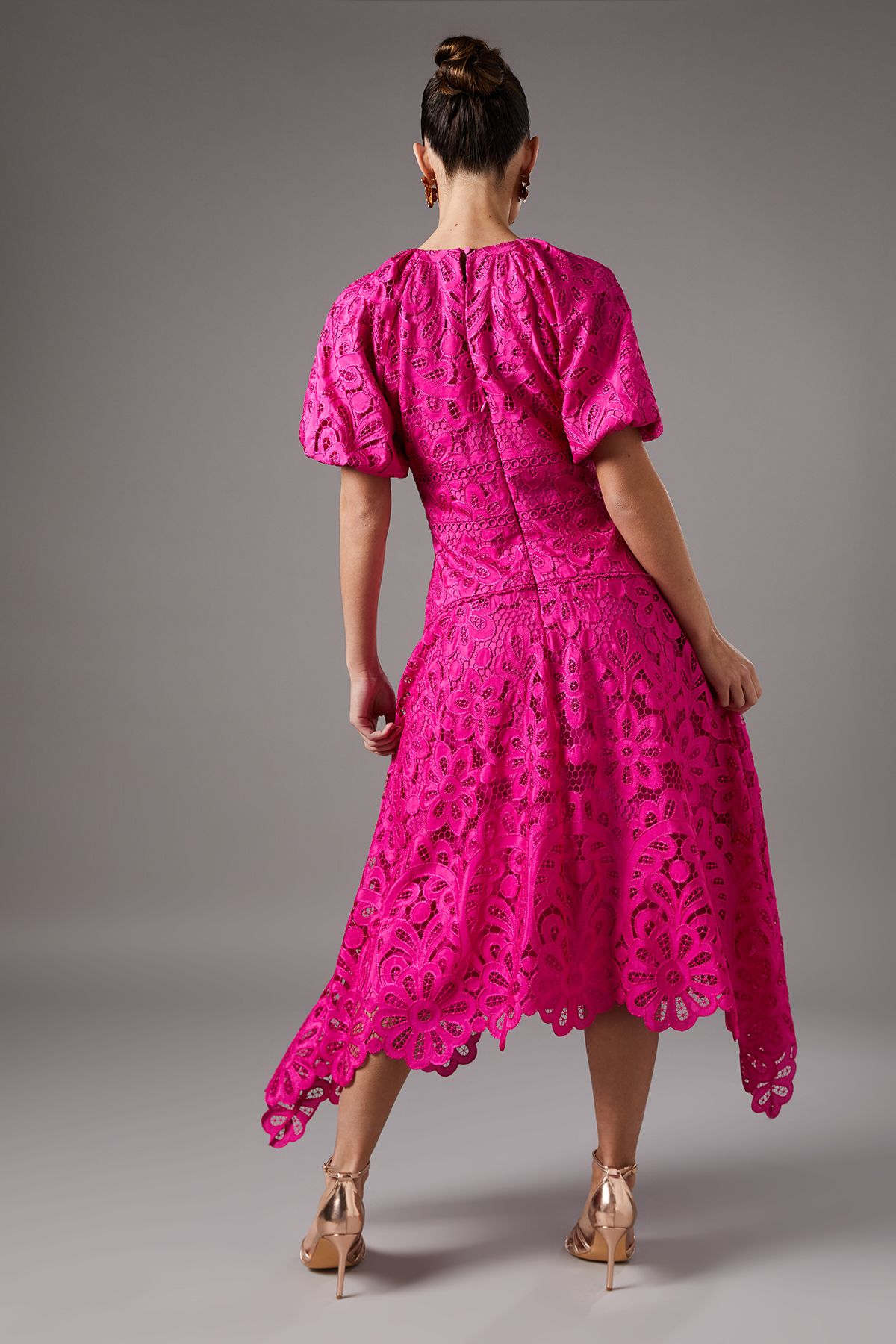 Coast Lace Hanky Hem Puff Sleeve Dress Pink image 4
