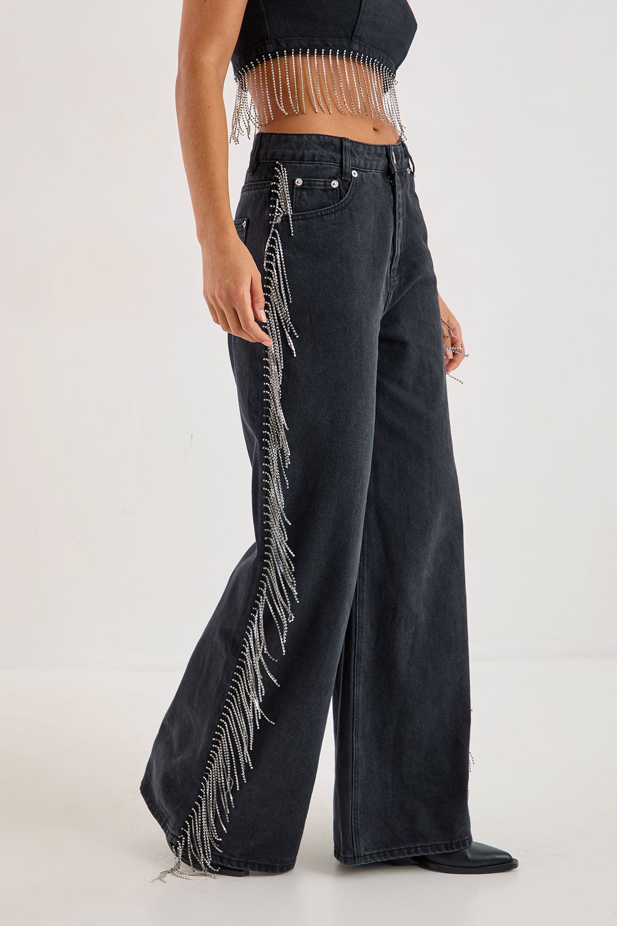 NastyGal Denim Diamonte Tassel Straight Leg Jeans Washed Black image 1