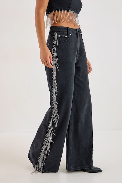 NastyGal Denim Diamonte Tassel Straight Leg Jeans Washed Black