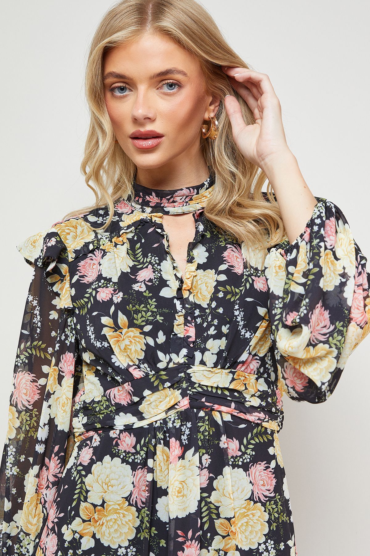 Oasis Printed Ruched High Neck Mini Fit And Flare Dress Multi image 3