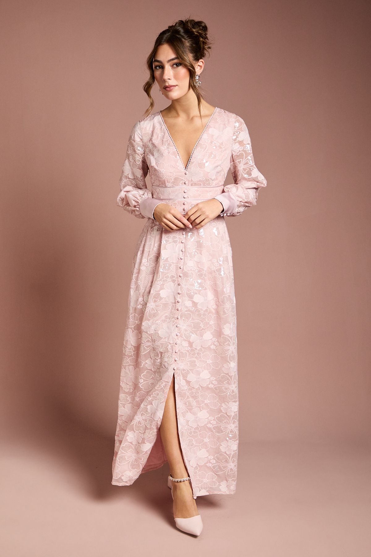 Coast Blouson Sleeve V Neck Sequin Floral Mesh Midaxi Dress Blush
