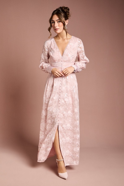 Coast Blouson Sleeve V Neck Sequin Floral Mesh Midaxi Dress Blush