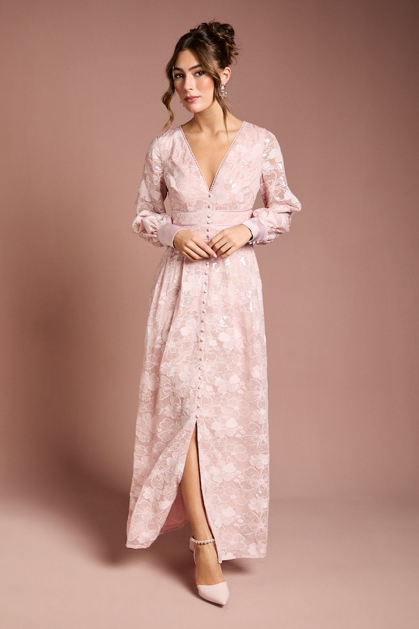Coast Blouson Sleeve V Neck Sequin Floral Mesh Midaxi Dress Blush