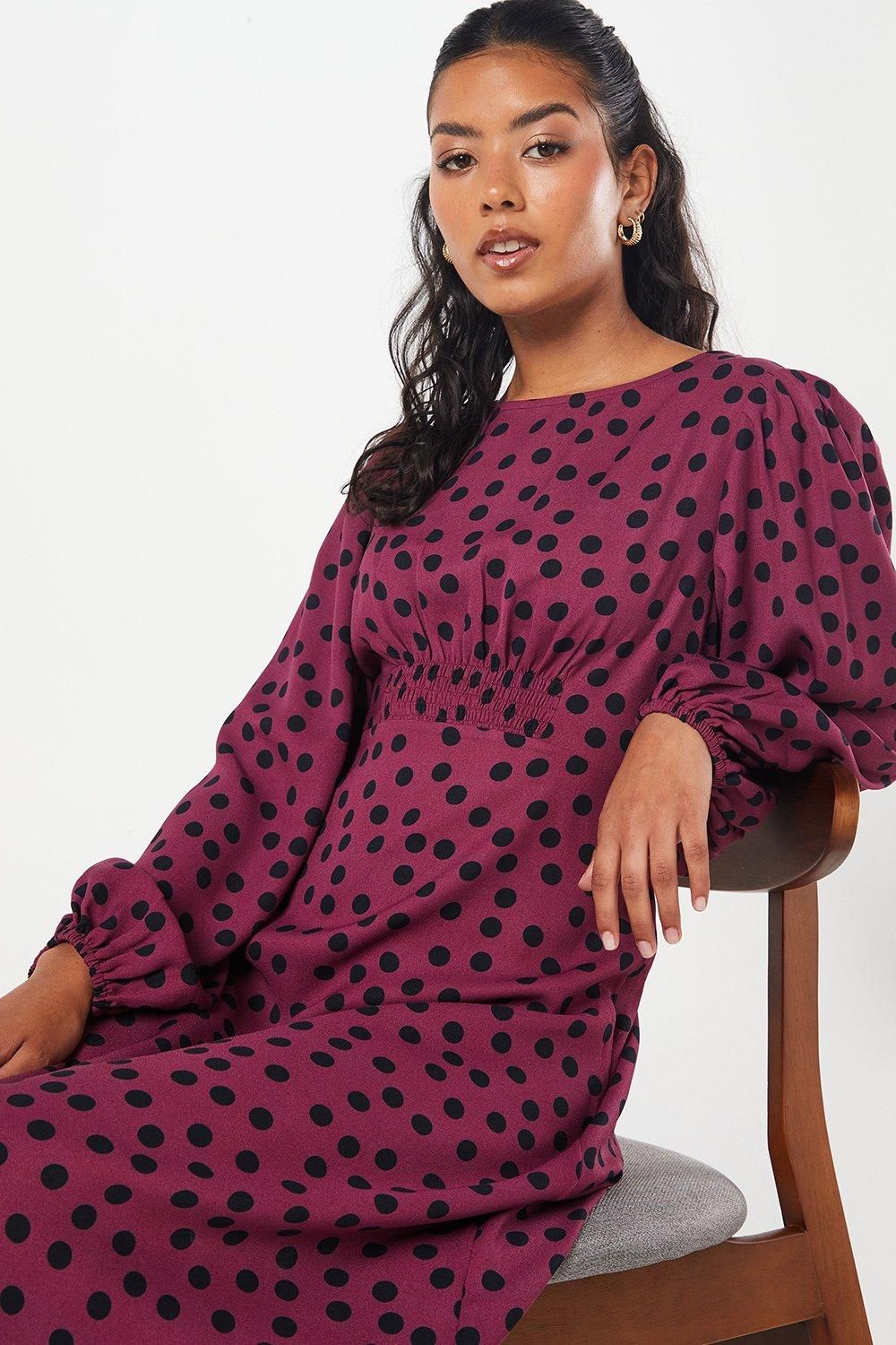 Dorothy Perkins Petite Berry Spot Shirred Waist Long Sleeve Midi Dress Berry image 2