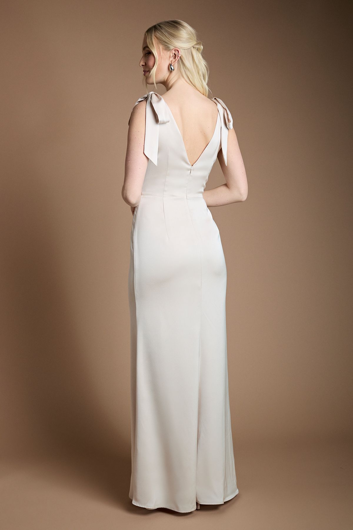 Coast Coast Honoured Satin Back Crepe V Neck Tie Shoulder Maxi Bridesmaid Dress Champagne image 3