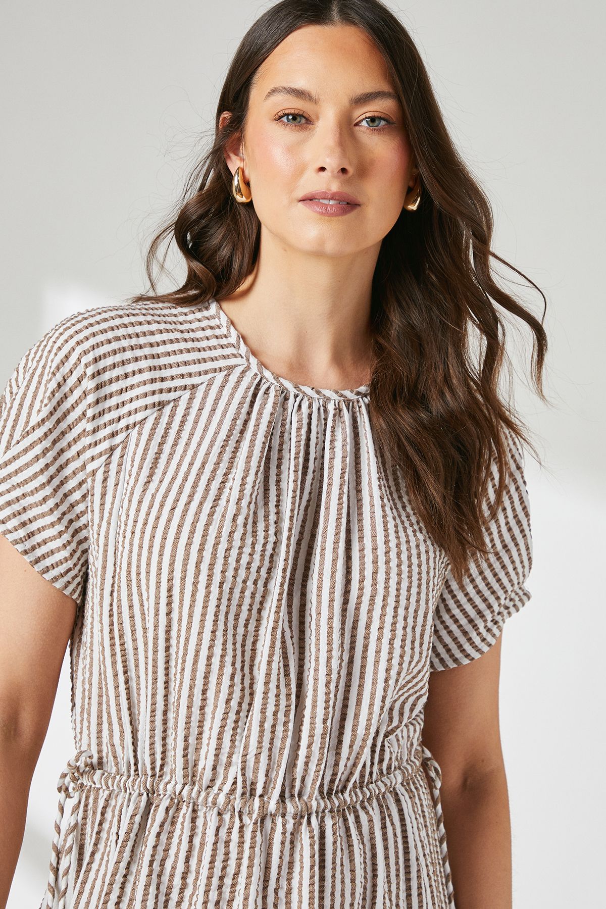 Principles Brown Stripe Gathered Tie Waist Midi Dress Brown image 2