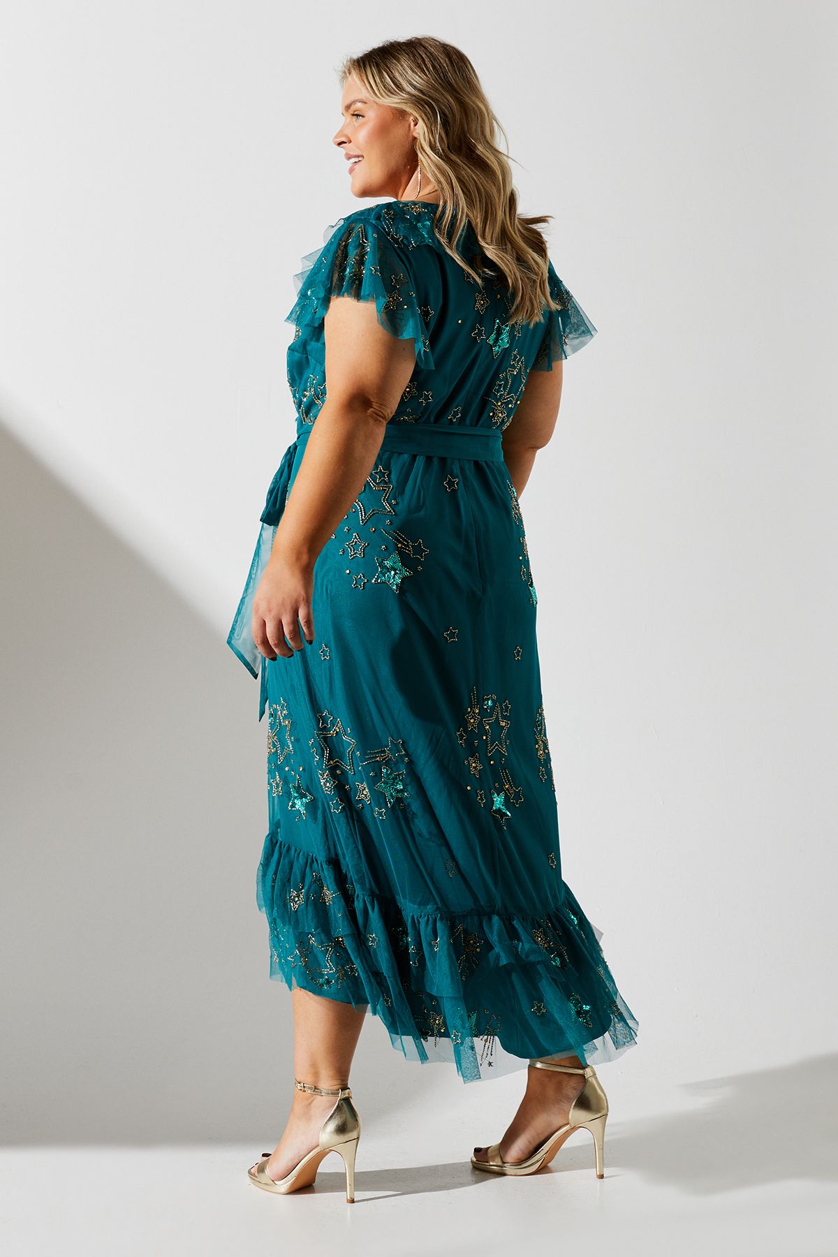 Coast Plus Frill Wrap Front Embellished Midi Dress Teal image 3