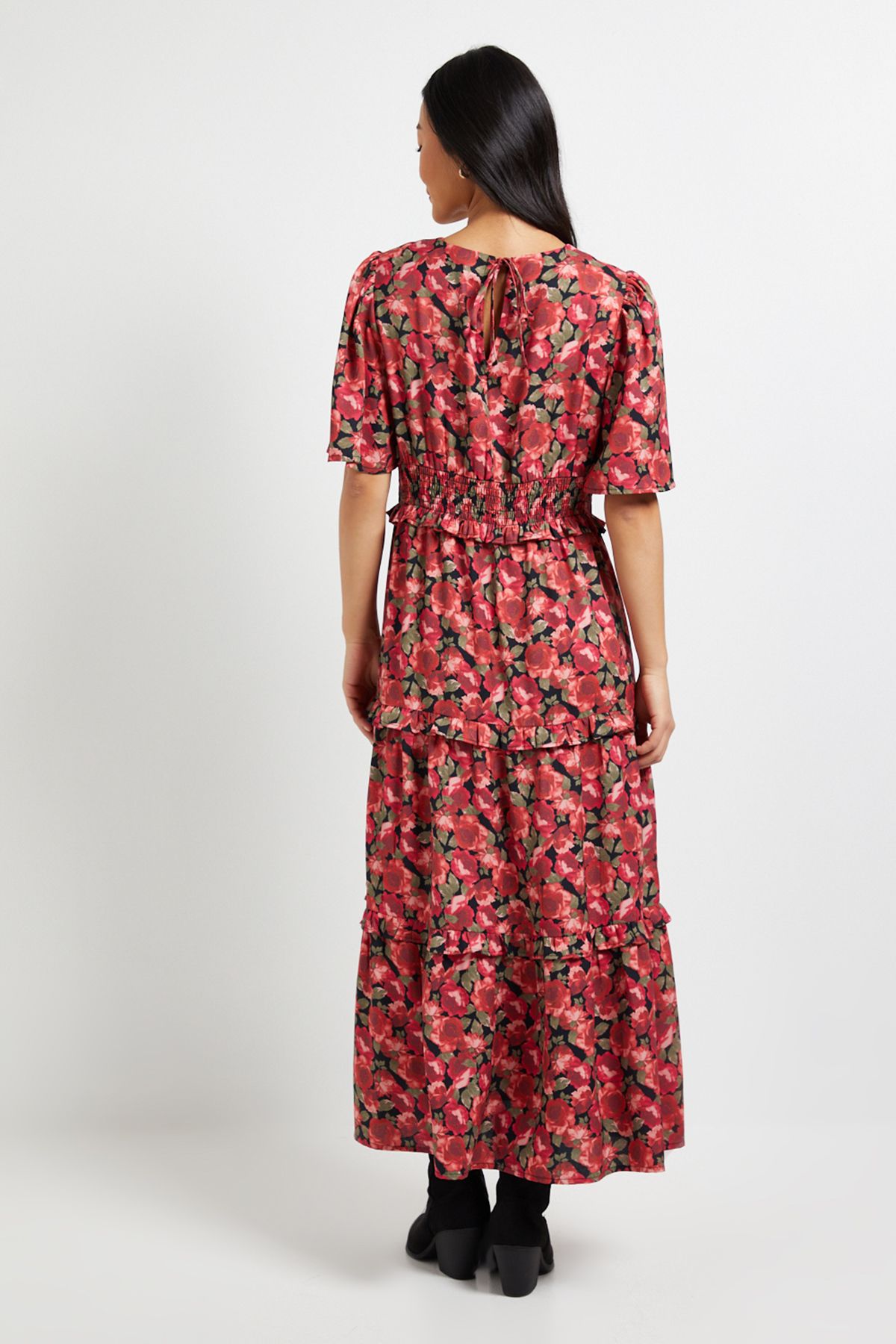 Dorothy Perkins Petite Red Floral Shirred Waist Angel Sleeve Tiered Maxi Dress Red image 3