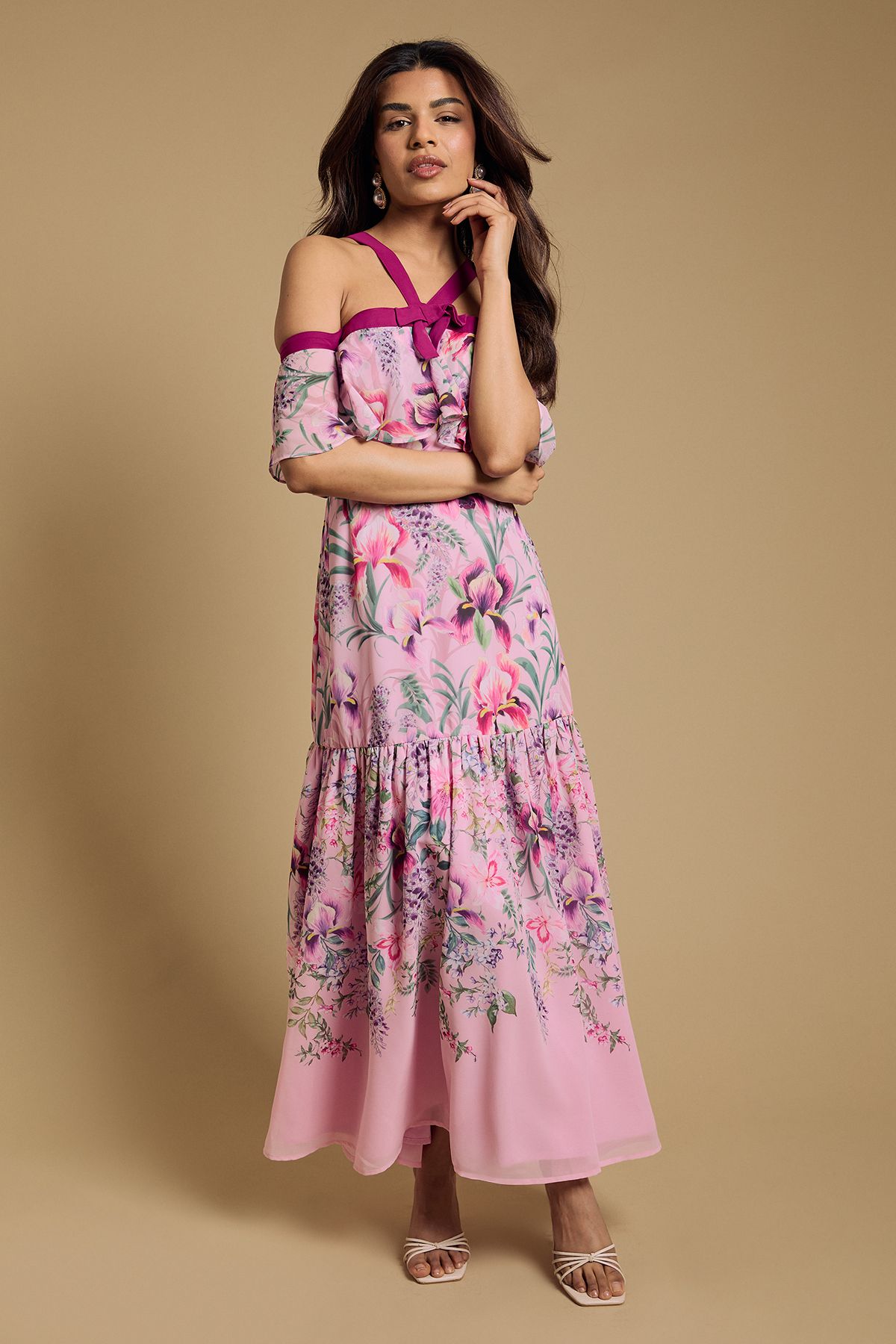 Oasis Petite Bow Detail Halter Neck Bardot Dress Pink