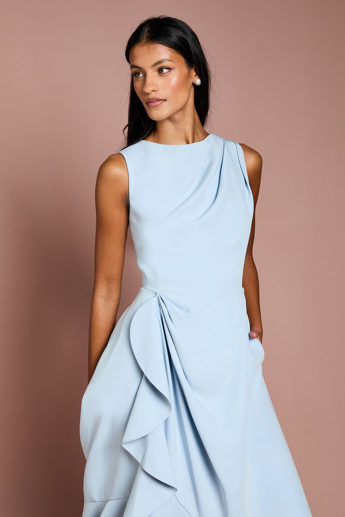 Coast Petite Crepe Ruffle Dress With Low Back Pale Blue image 2