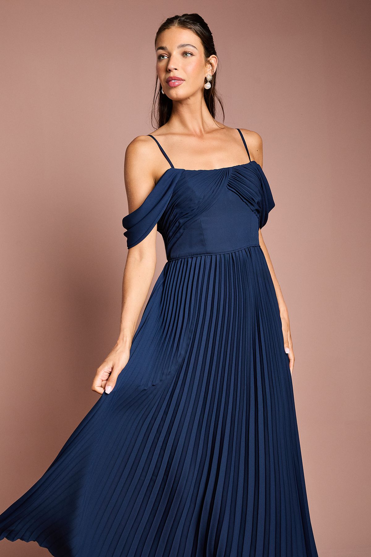 Coast Bardot Pleated Maxi Bridesmaid Dress Navy image 2