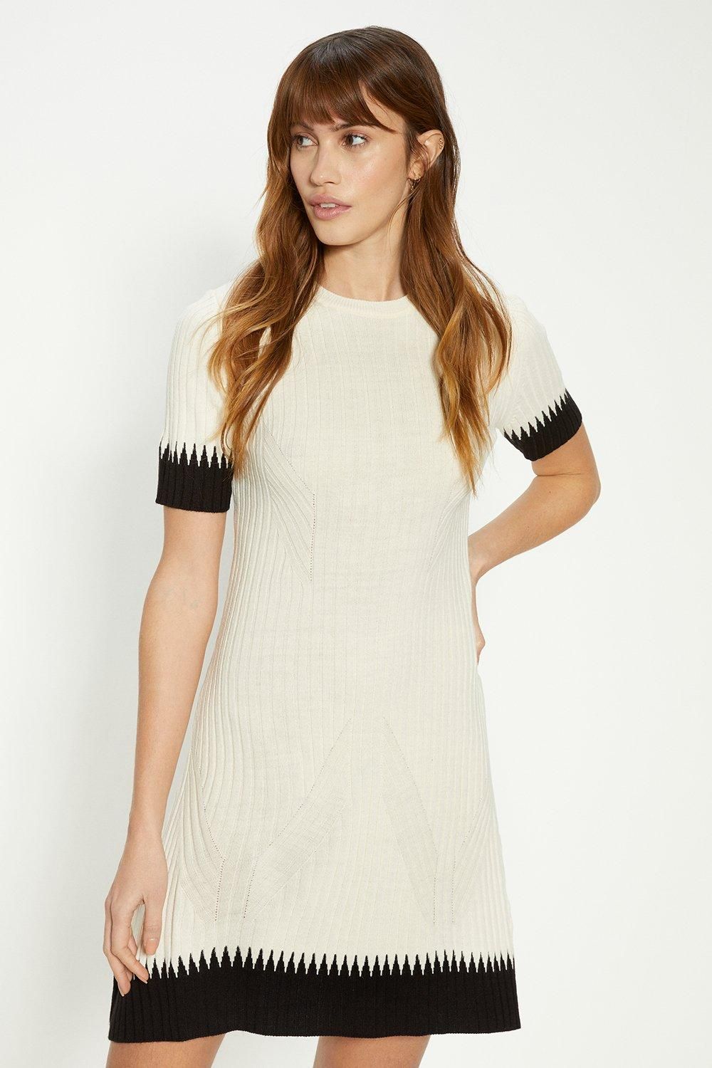 Oasis Zig Zag Detail Short Sleeve Knitted Mini Dress Ecru