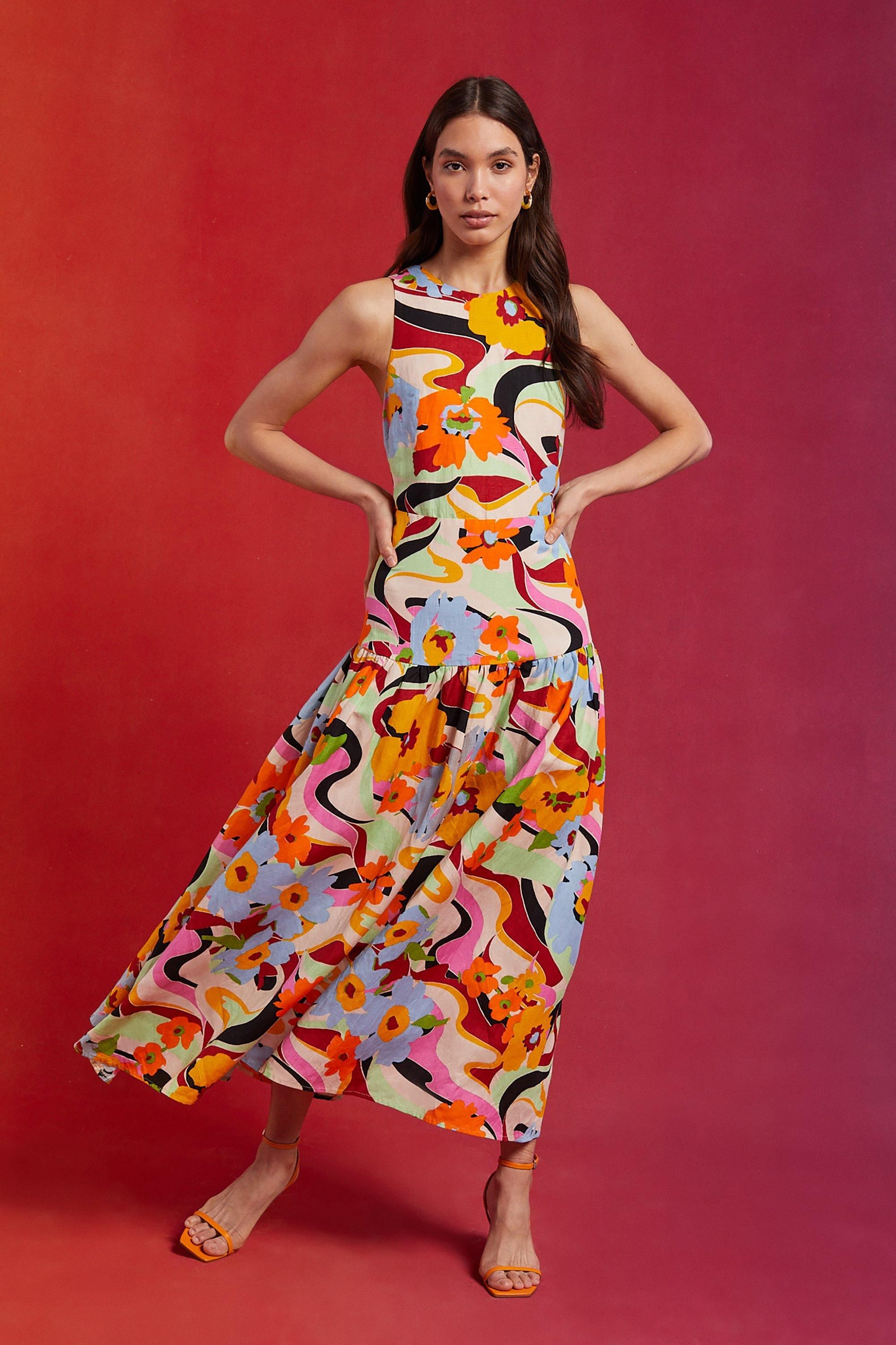 Oasis Linen Mix Floral Bow Back Halter Midi Dress Multi image 1