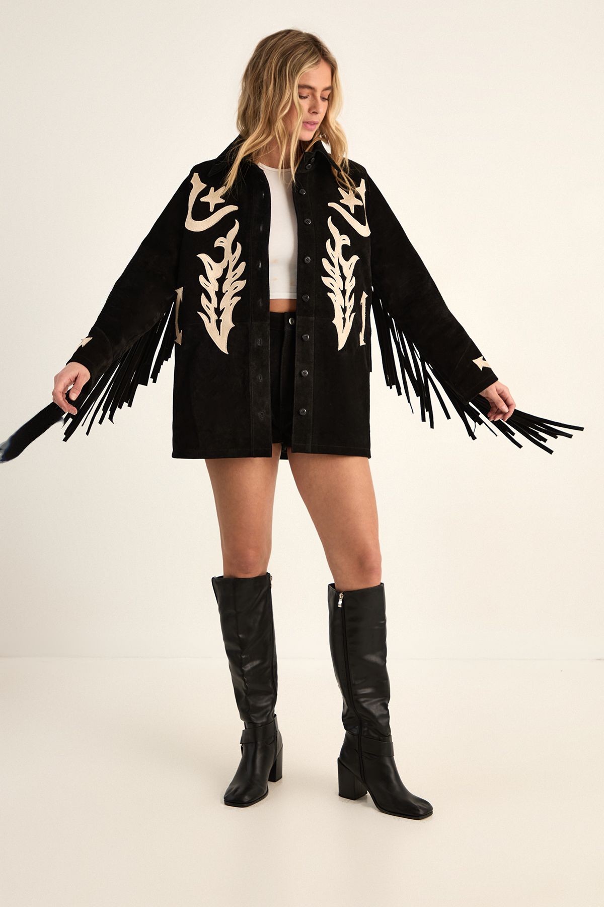 NastyGal Real Suede Embroidered Western Shirt Black image 1