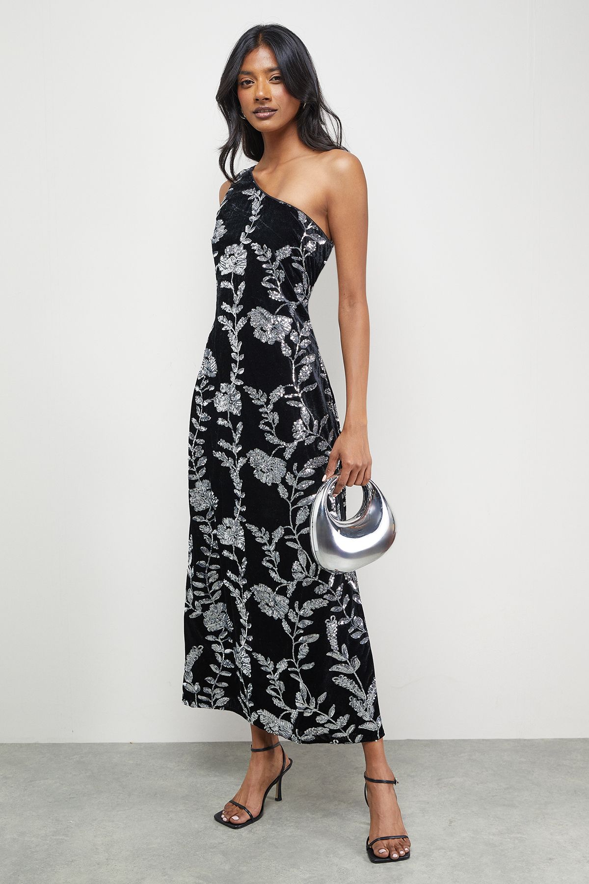Warehouse Velvet Sequin One Shoulder Midi Dress Silver