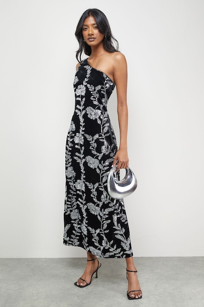 Warehouse Velvet Sequin One Shoulder Midi Dress Silver