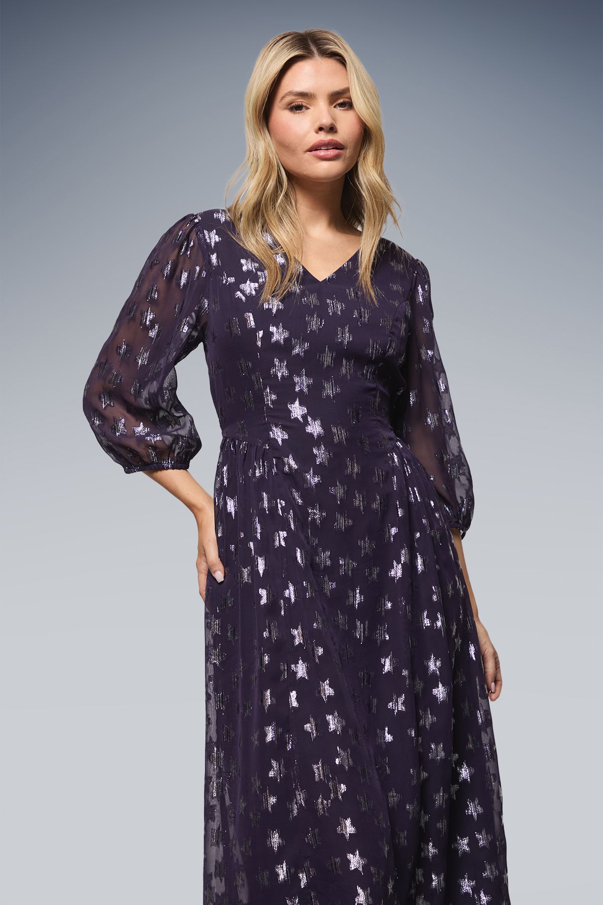 Dorothy Perkins DP Luxe Star Jacquard V Neck Blouson Sleeve Midi Dress Purple image 2
