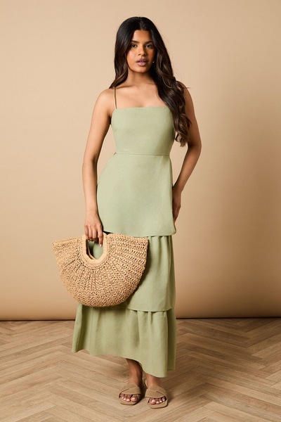 Oasis Petite Tie Back Tiered Maxi Dress Sage