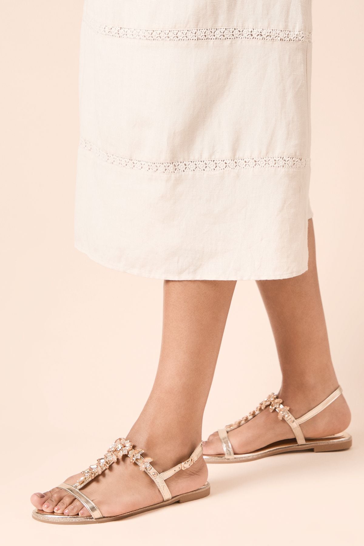 Dorothy Perkins Fuji Metallic Jewelled T Bar Flat Sandals Gold image 3