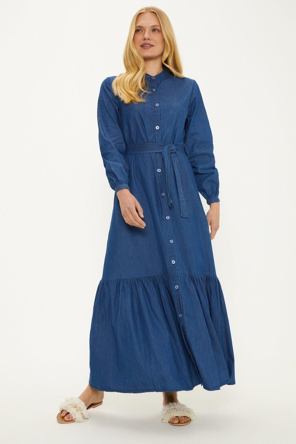 Oasis Chambray Belted Button Through Midi Dress Blue image 1