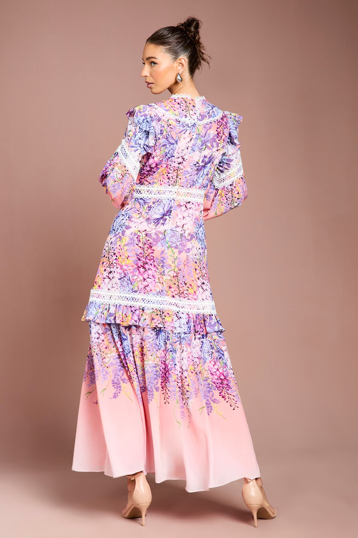 Coast Placement Print Lace Frill Detail Maxi Dress Pink image 3