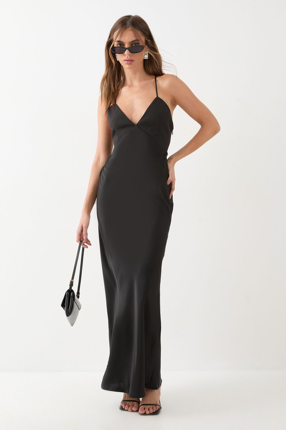 MissPap Premium Bust Panel Satin Bias Maxi Bridesmaid Dress Black