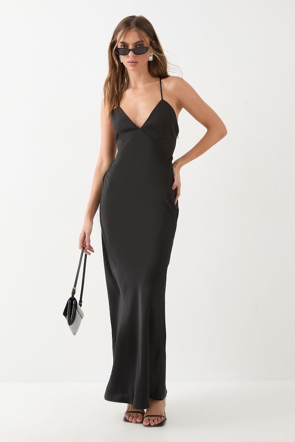 MissPap Premium Bust Panel Satin Bias Maxi Bridesmaid Dress Black