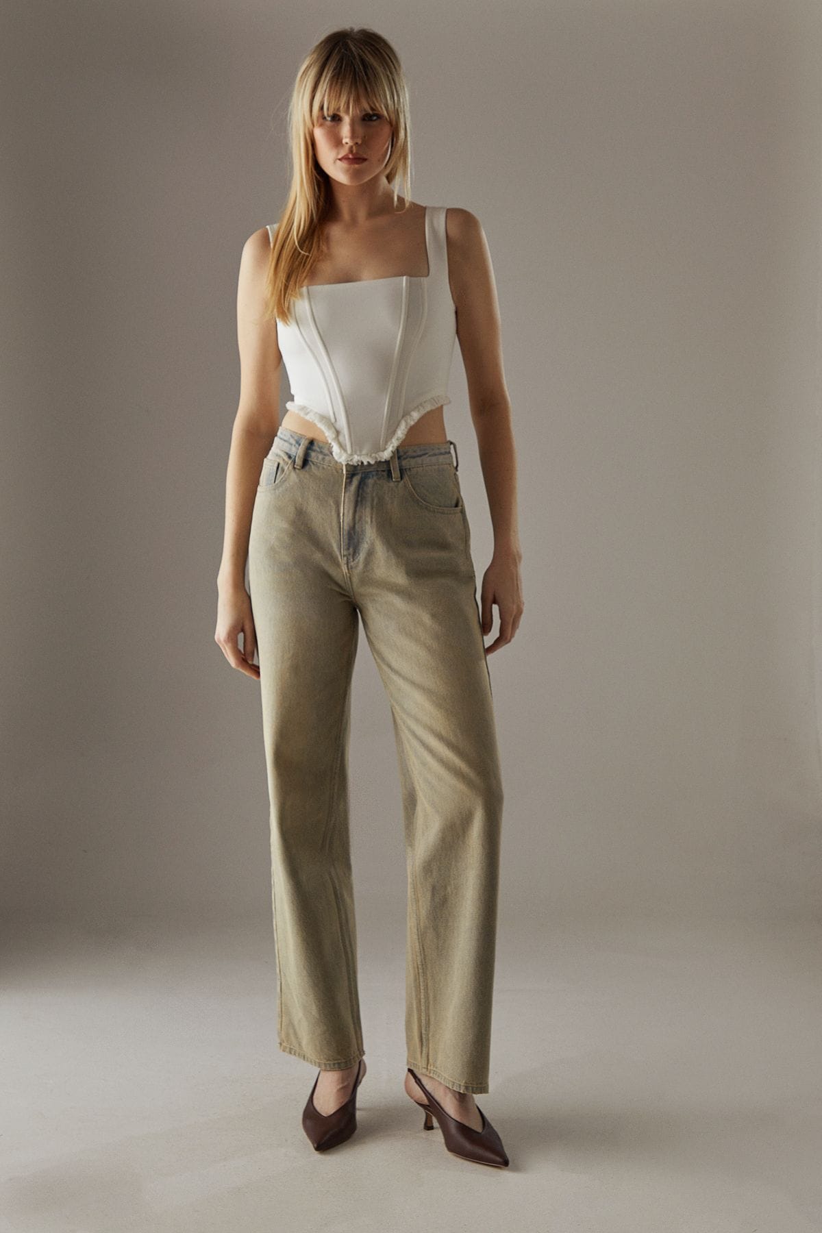 Warehouse Tailored Corset Top With Fringed Trim Cream image 4