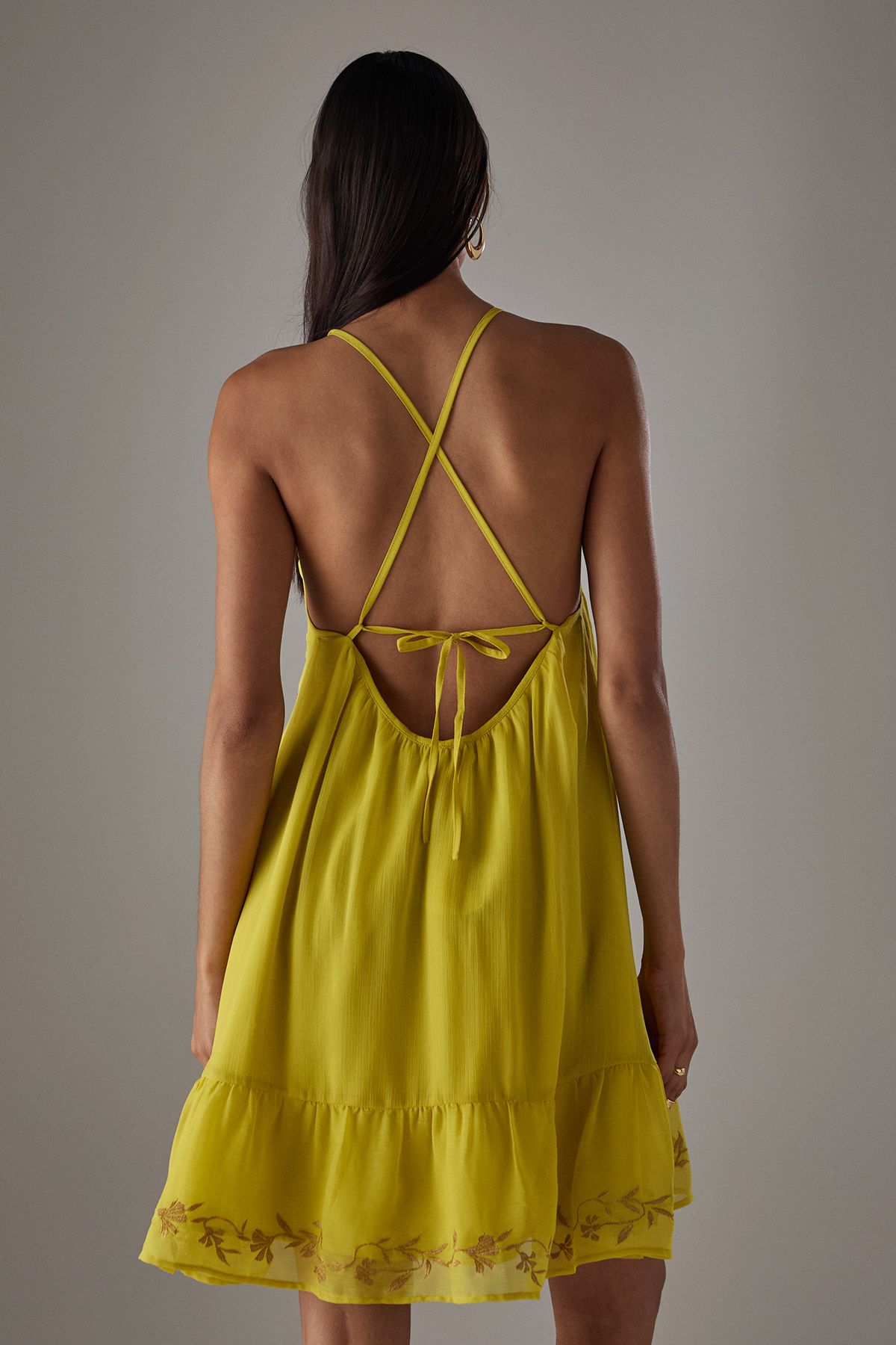 Warehouse HCD Chiffon Embroidered Halter Mini Dress Chartreuse image 3