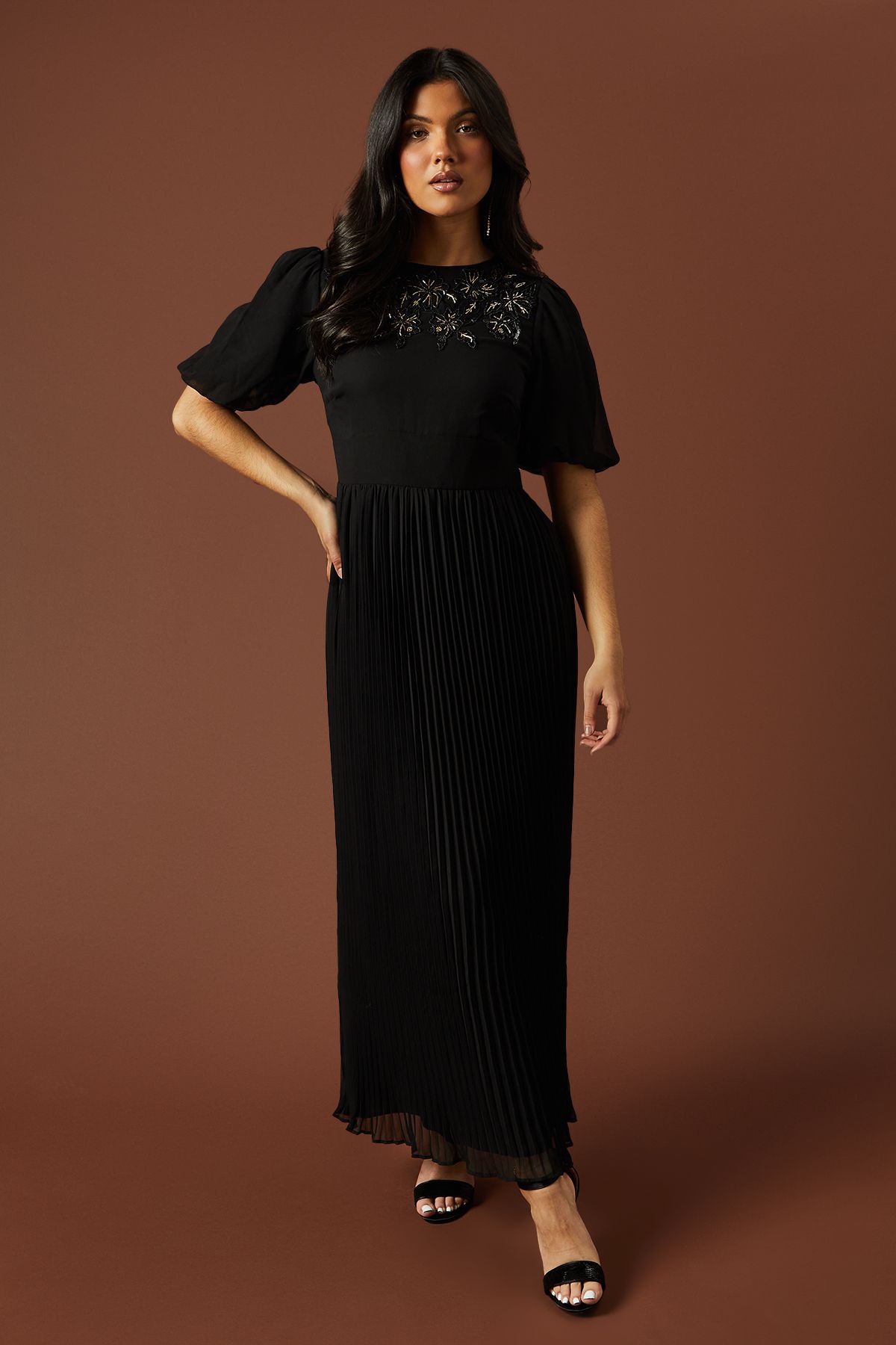 Oasis Occasion Embellished Pleated Maxi Dress Black image 1