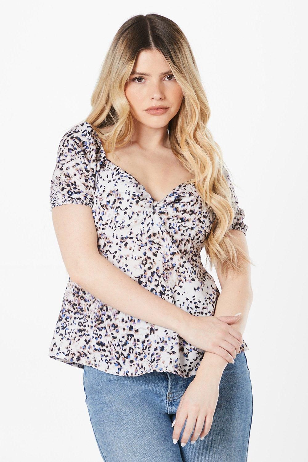 Dorothy Perkins Animal Print Knot Front Puff Sleeve Top Pink image 1