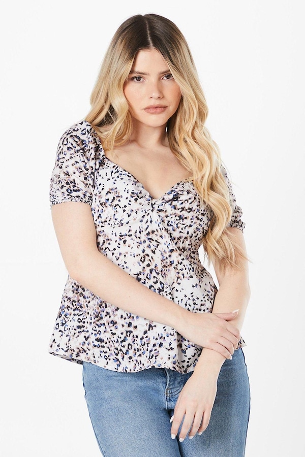 Dorothy Perkins Animal Print Knot Front Puff Sleeve Top Pink
