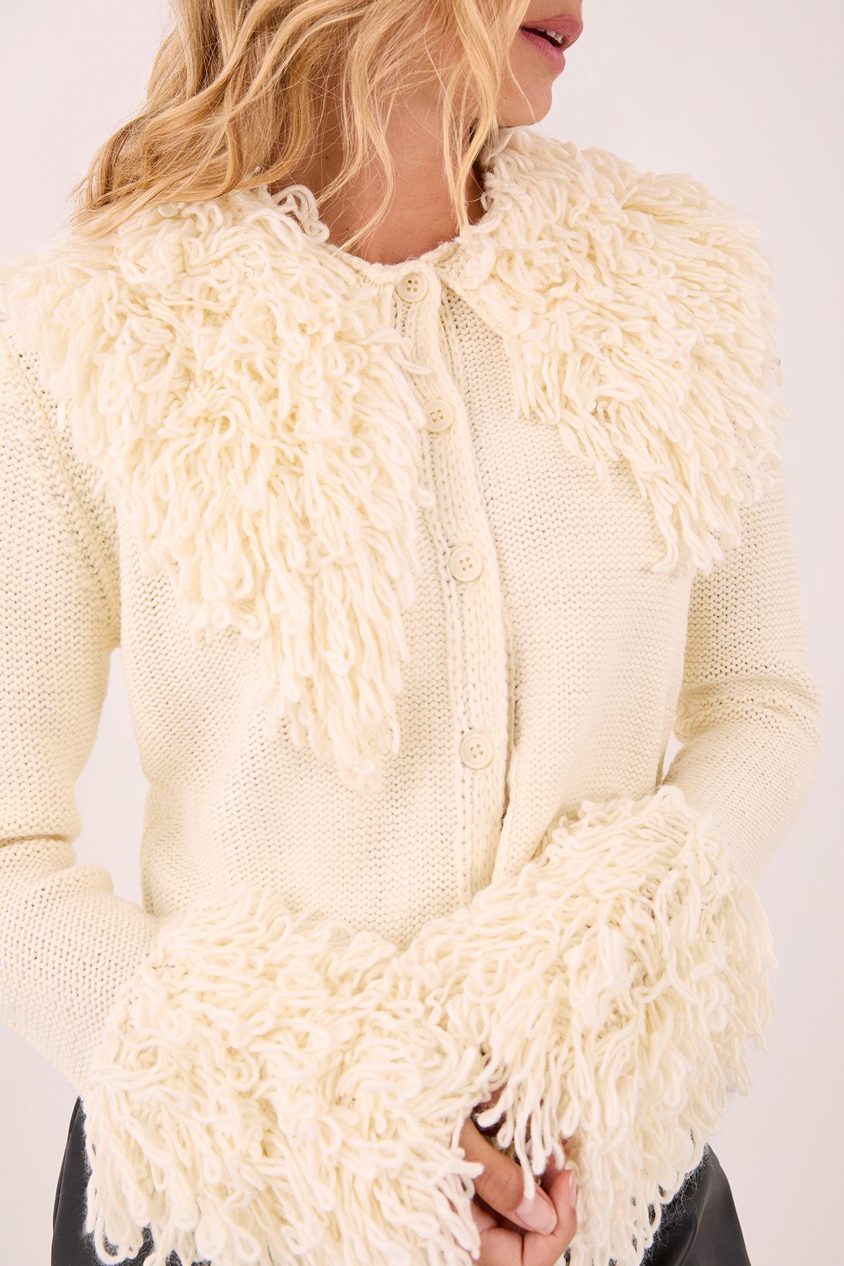 NastyGal Loopy Trim Collared Cardigan Cream