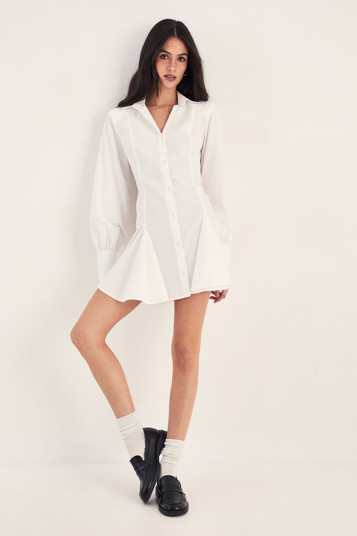 NastyGal Cotton Seam Detail Shoulder Pad Flippy Shirt Dress White image 2