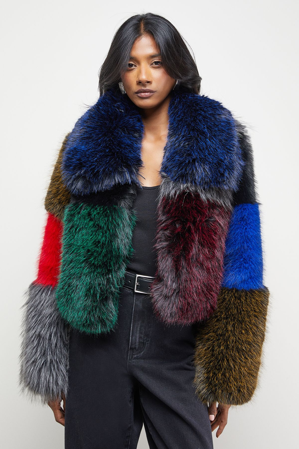 Warehouse Multi -coloured Panelled Faux Fur Coat Multi image 2